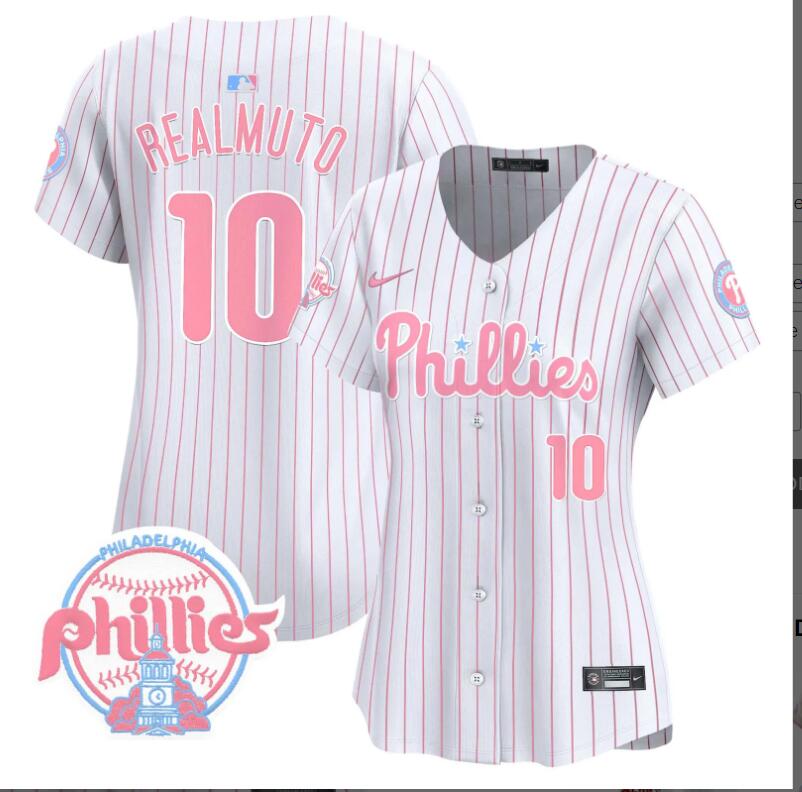 Women Philadelphia Phillies #10 Realmuto white with red strips 2024 MLB jersey->women nfl jersey->Women Jersey